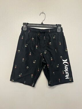 Hurley Black Board Shorts with Pineapple Toucan Tropical Beach Accent Boys Med